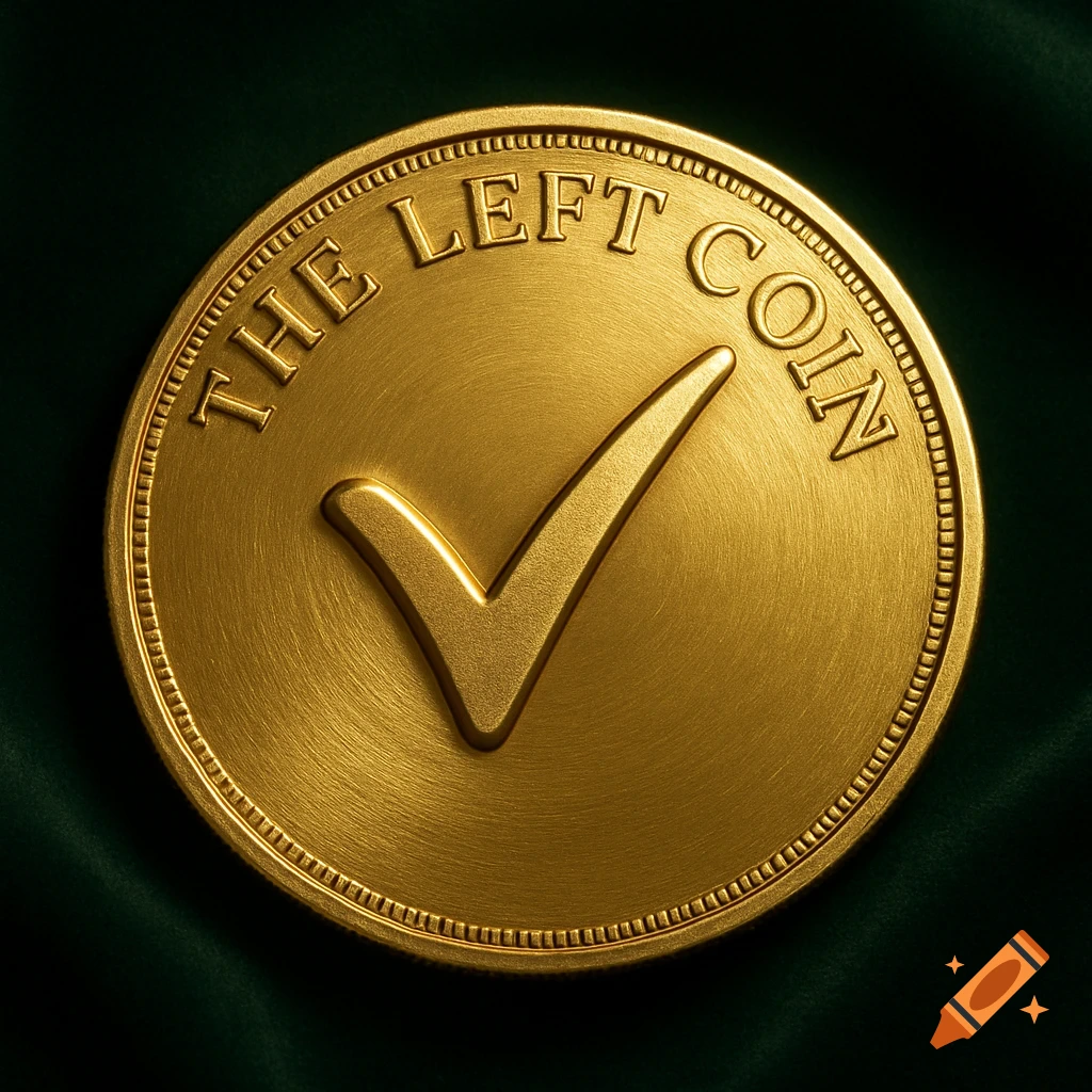 Close-up of a shiny golden coin with a raised checkmark and 'THE LEFT COIN' embossed on its surface, against a dark green background.