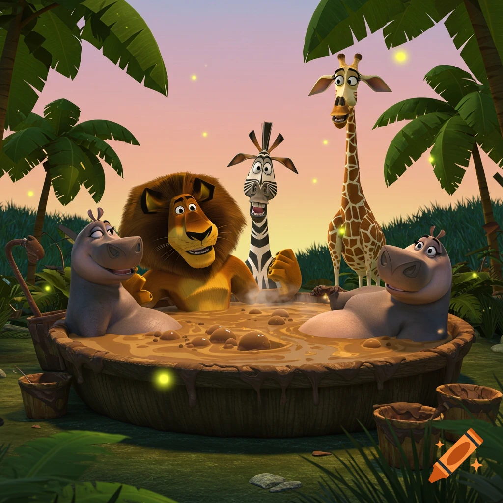 Madagascar cartoon characters Alex, Marty, Melman, and Gloria in a bubbling mud hot tub at sunset, surrounded by tropical plants.