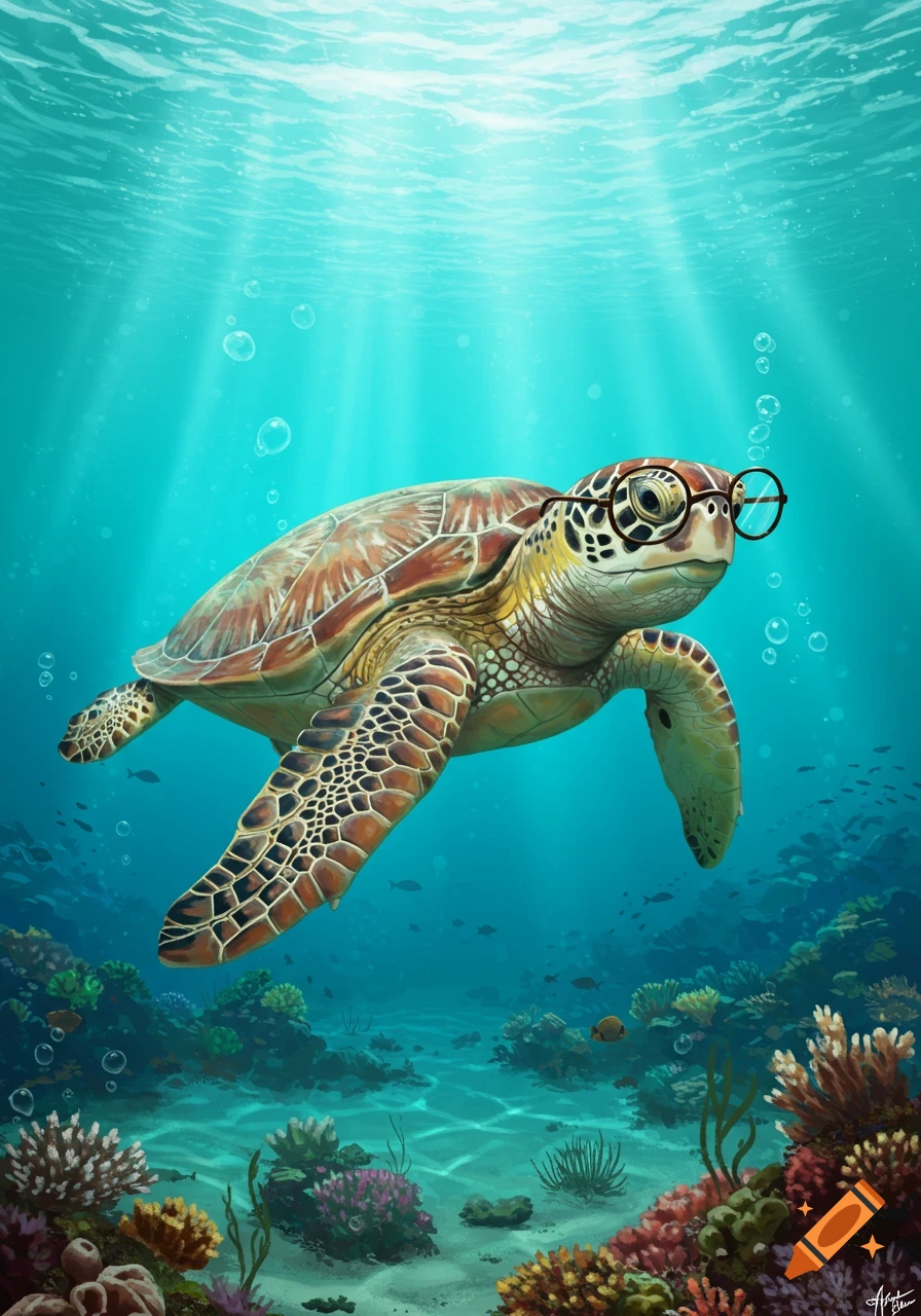 A cheerful, bespectacled sea turtle swims gracefully through a vibrant, sunlit coral reef, surrounded by small fish.