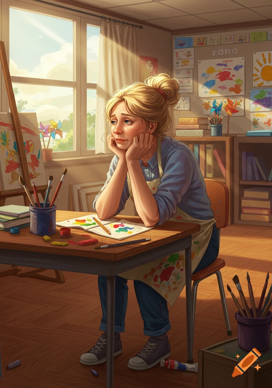 A pensive art teacher with blonde hair tied up, wearing an apron, sits at a desk in a sunny elementary classroom filled with art supplies. Illustrated style.