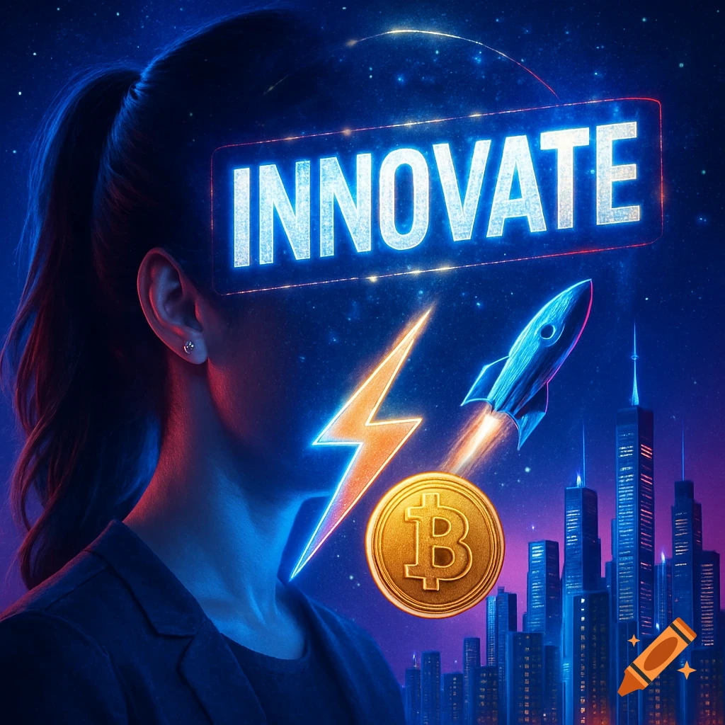 A person's profile with a neon 'INNOVATE' sign above their head, alongside a lightning bolt, rocket, and Bitcoin symbol, set against a futuristic city skyline at night.