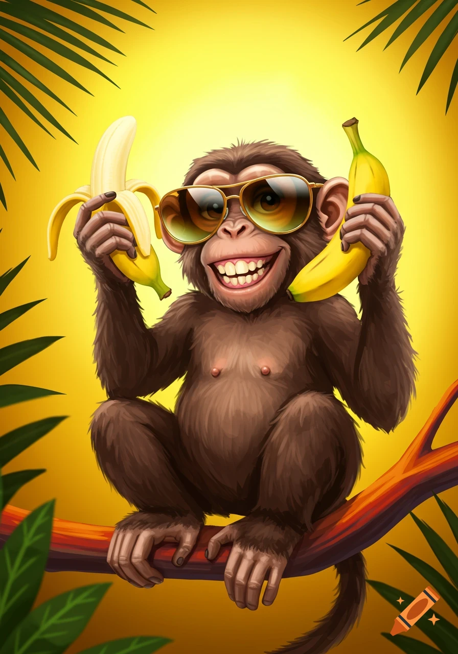 Cartoon monkey with sunglasses grins, holding bananas like phones, sitting on a branch against a yellow background.