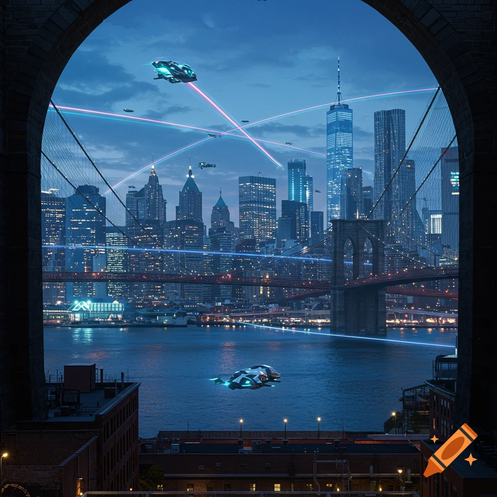 Futuristic New York City skyline at night, viewed through an arch, with flying light crafts, glowing energy beams, and the Brooklyn Bridge over the water.