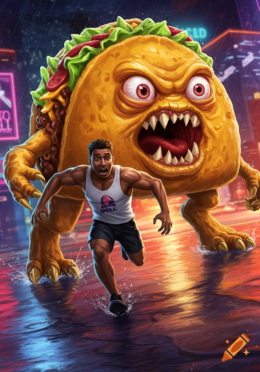 A muscular man in a white tank top runs in a rainy city, pursued by a giant, monstrous, angry taco. Neon signs illuminate the background.
