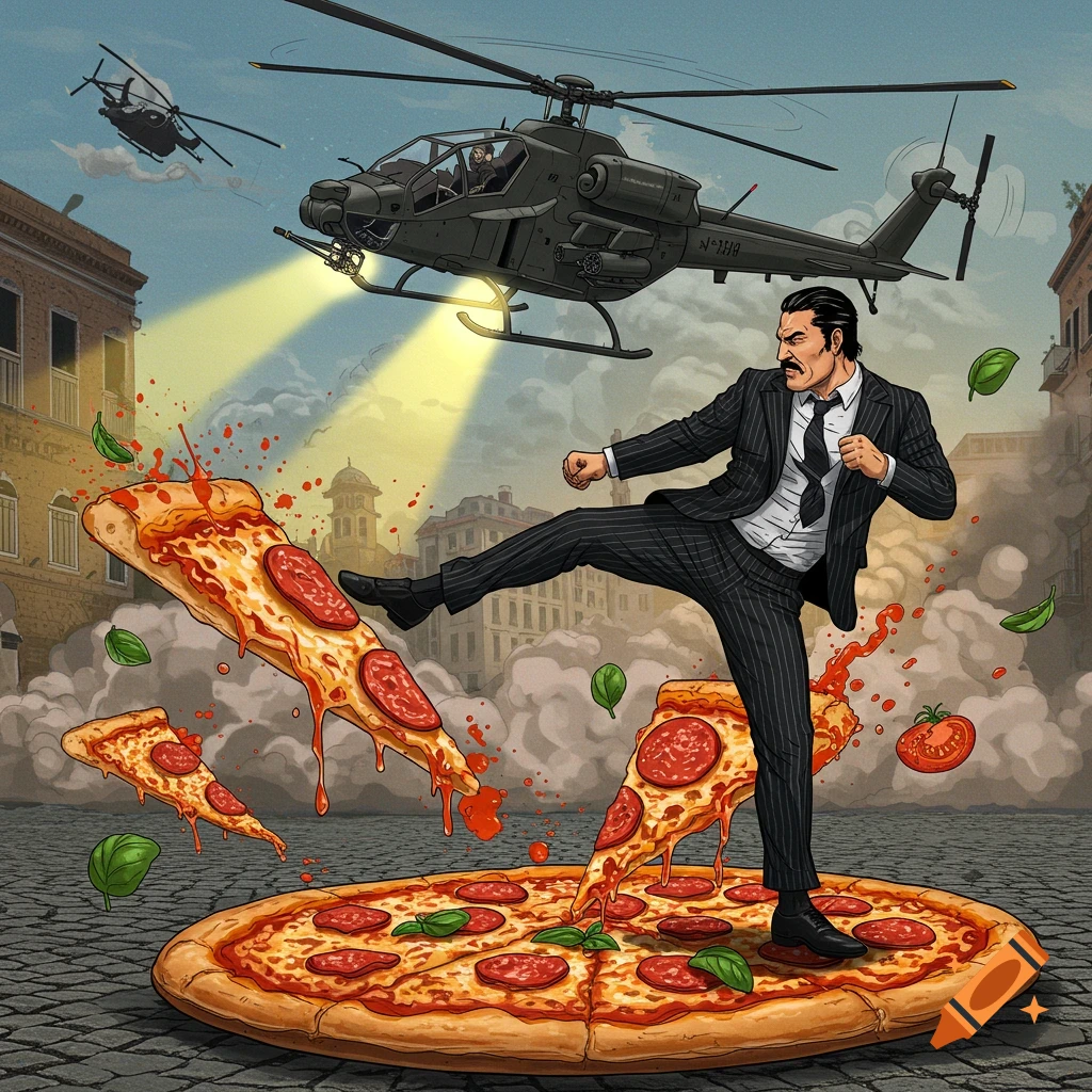 A stylized illustration of a man in a pinstripe suit kicking flying slices of pepperoni pizza in a city street, with attack helicopters in the sky.