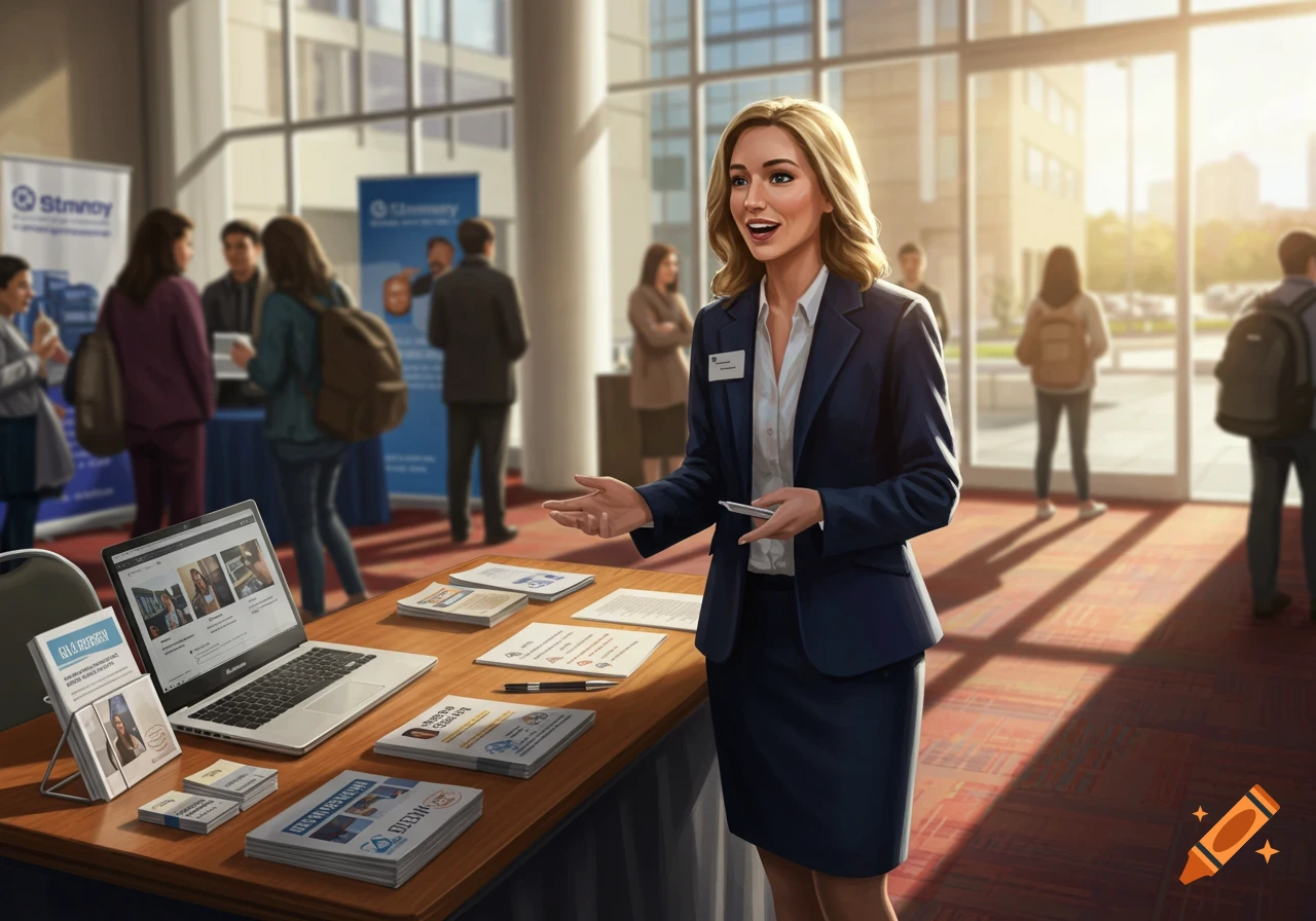 An excited female recruiter in a business suit stands at a table with a laptop and pamphlets, speaking at an indoor job fair. Illustration.