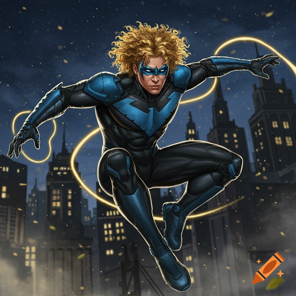 A male superhero with curly blond hair and a blue mask, wearing a black and blue suit with a bird emblem, leaps across a city skyline at night with golden light trails in comic book art style.