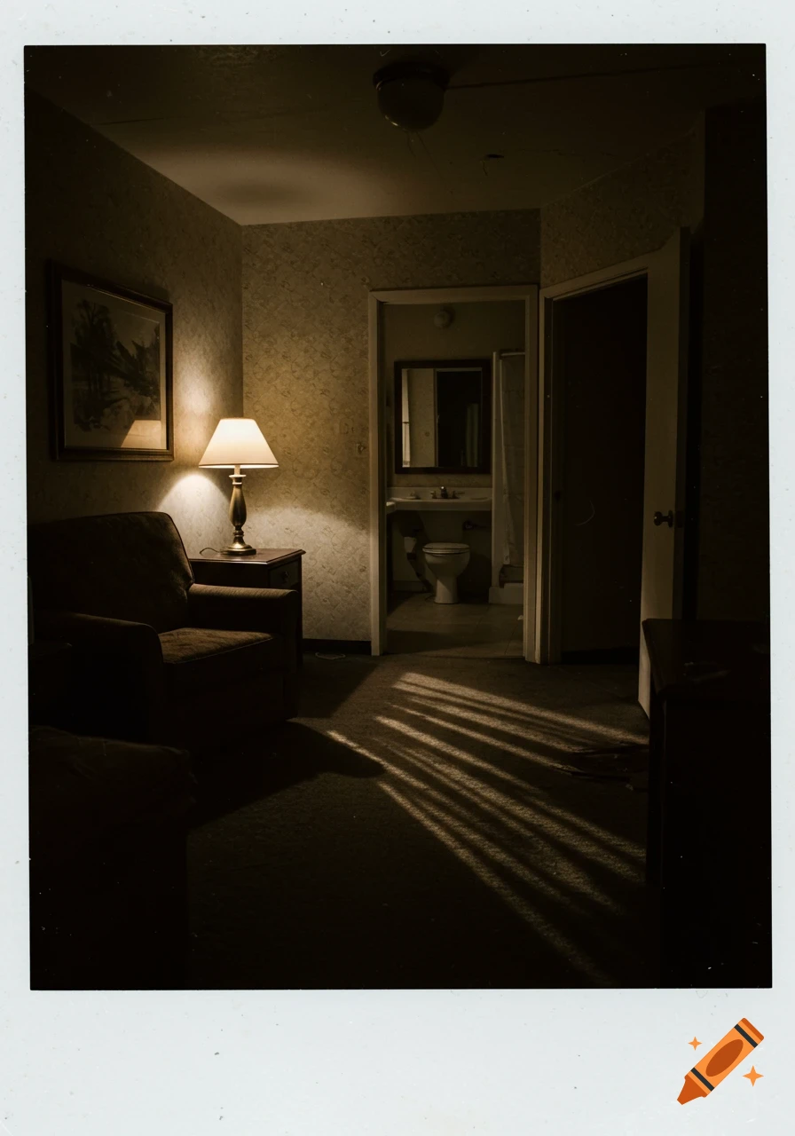 A dimly lit, empty hotel room in the style of an old Polaroid, with a single lamp on a nightstand and a slightly open bathroom door.