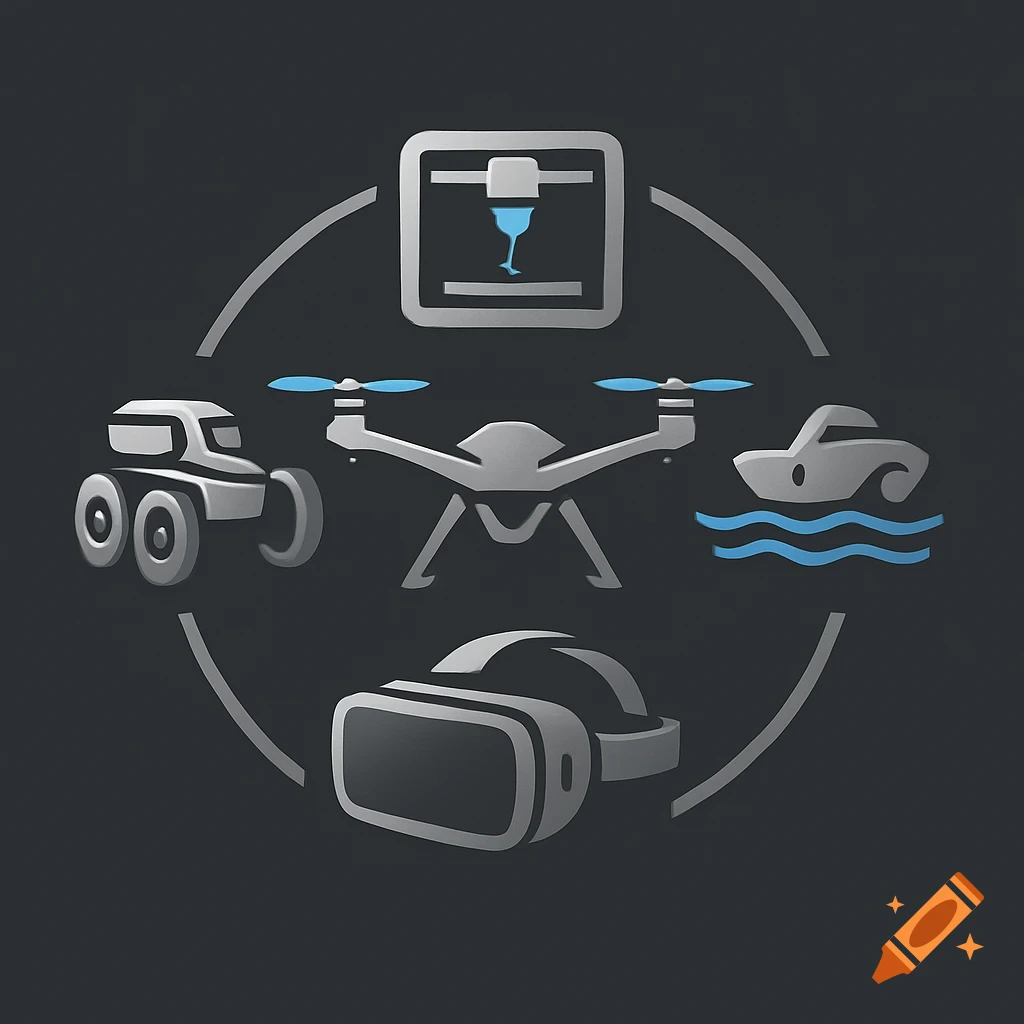 A logo depicting a circular flow of technology icons: a drone, land rover, boat, VR headset, and 3D printer.