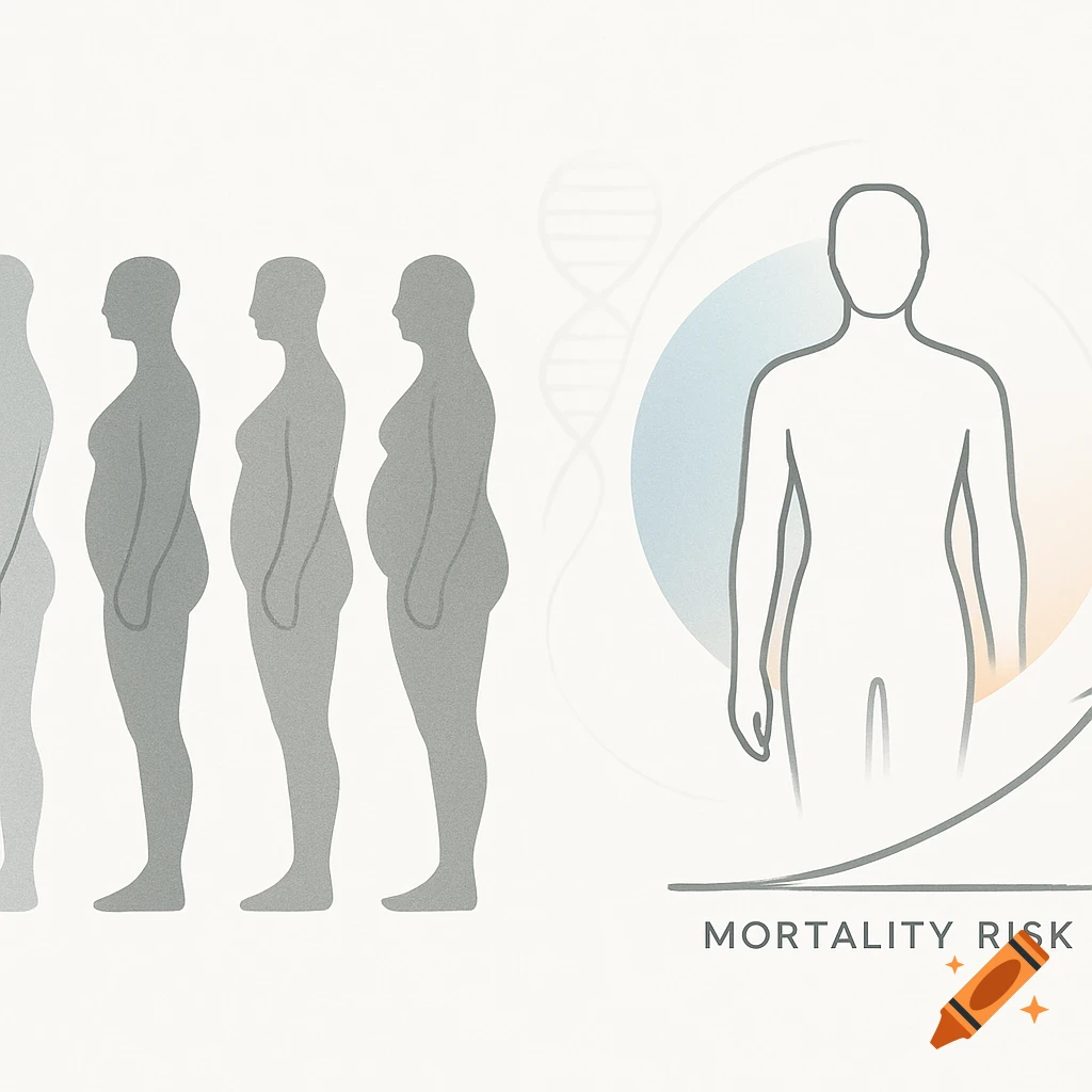 Abstract infographic showing grey human silhouettes with varying body shapes and a diagram with a human outline and a "MORTALITY RISK" graph.