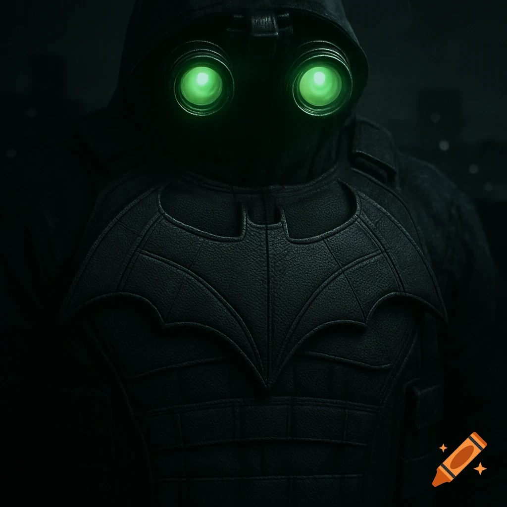 Close-up of a figure in a dark tactical suit with a Batman logo and glowing green night vision goggles.