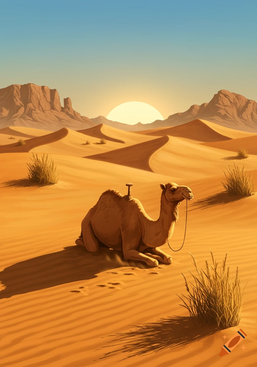 A camel rests in a vast desert landscape with sand dunes and mountains under a bright sunset sky. Stylized illustration.