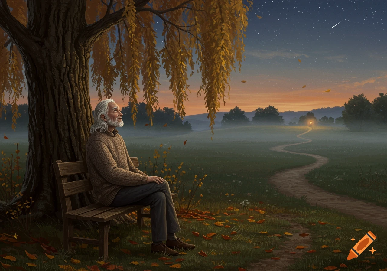An old man with a beard sits on a bench under a golden-leaved tree, gazing at a misty field with a path at dusk.