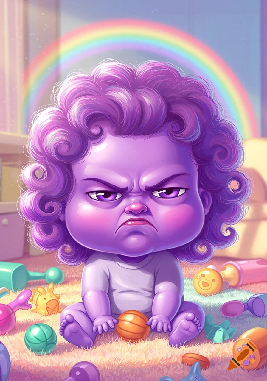 A cartoonish purple grumpy toddler with wavy hair sits on a rug amidst colorful toys, with a rainbow in the background.