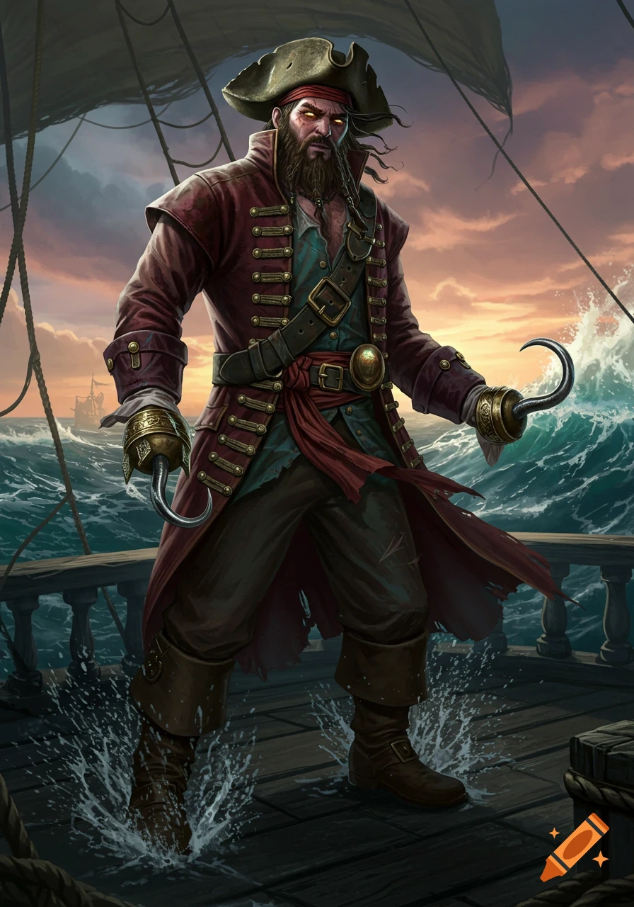 A rugged pirate with two hook hands stands on a ship's deck during a stormy sunset, rendered in a detailed fantasy art style.