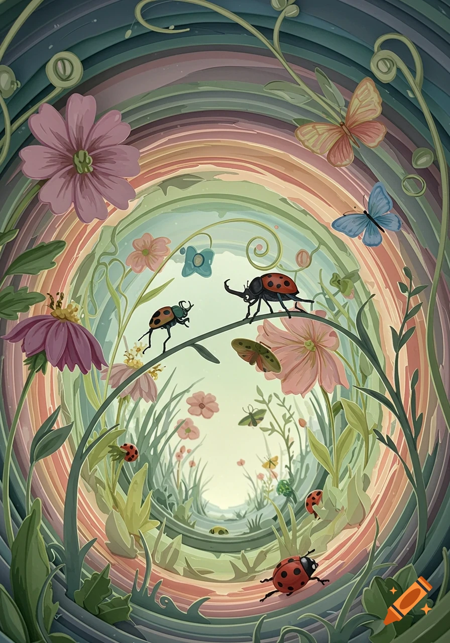 Layered paper-cut illustration of a vibrant garden with ladybugs, beetles, butterflies, and colorful flowers, creating a tunnel effect.