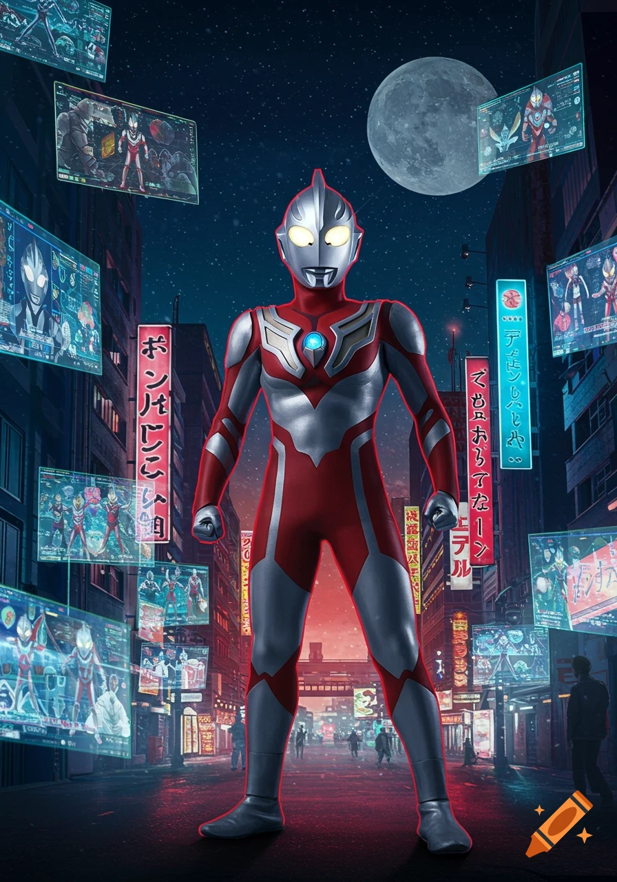 Ultraman stands majestically in a futuristic city at night, surrounded by glowing holographic screens displaying various characters and data, with a large moon in the sky.