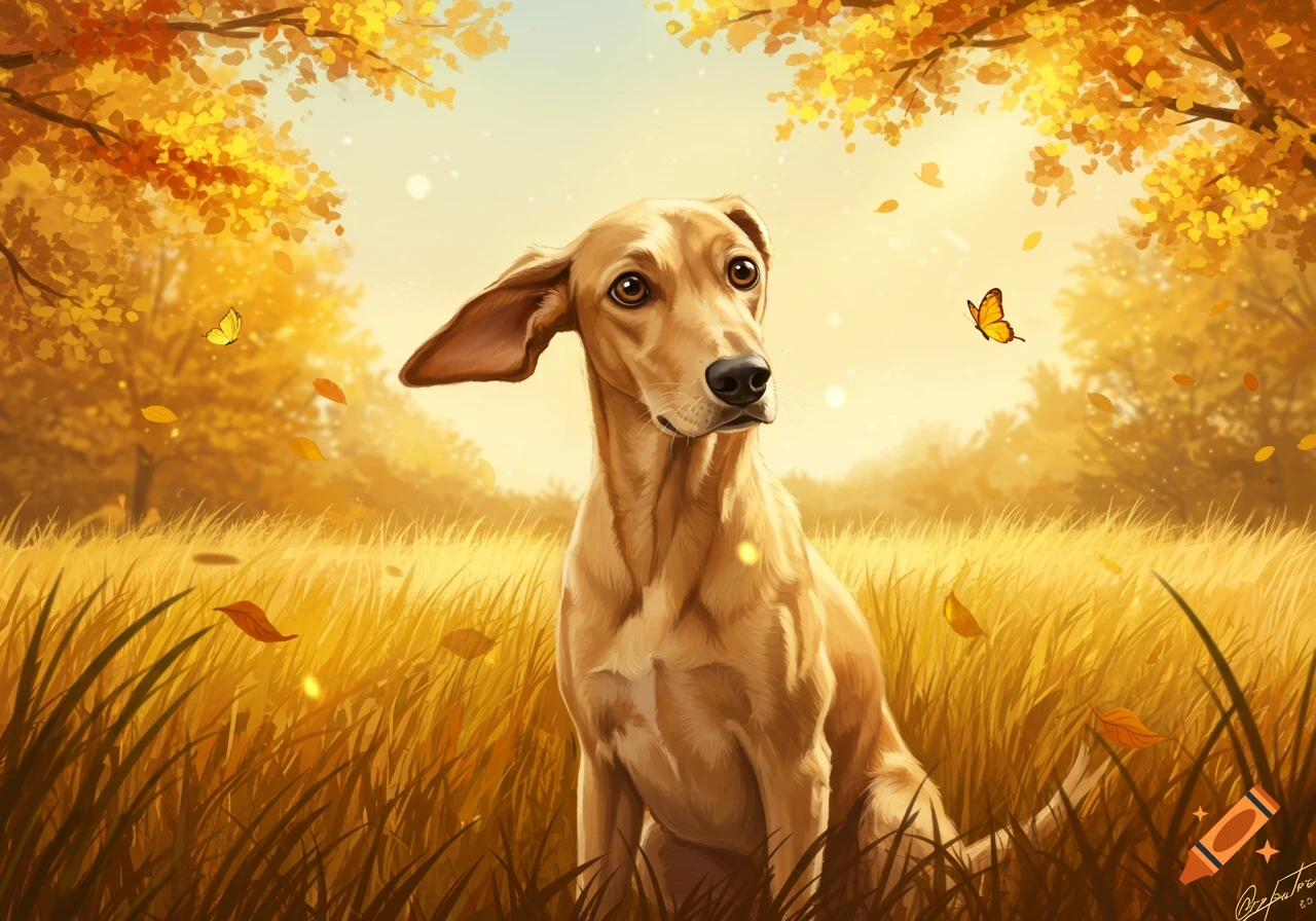 A yellowish short-haired hound dog with one ear bent sits in a golden autumn field with trees and butterflies, illustration.