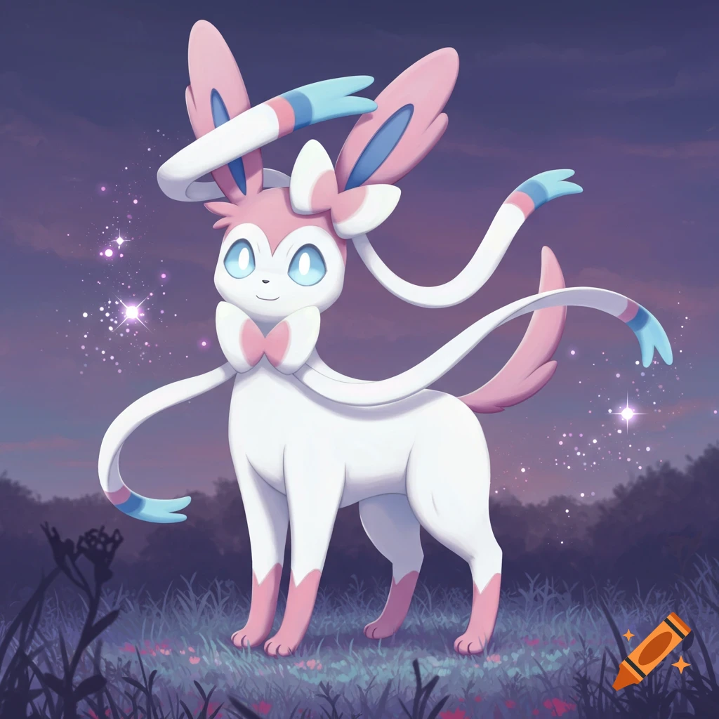 A stylized, white and pink fairy-type creature with long ribbons, large ears, and blue eyes stands in a magical field under a purple sky with sparkling stars.