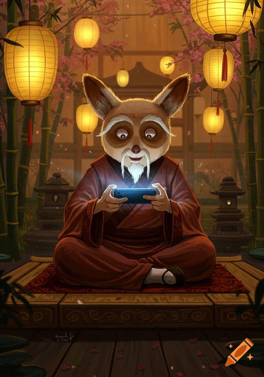 Master Shifu from Kung Fu Panda sits cross-legged in a serene Asian garden with lanterns and bamboo, focused on a glowing smartphone. Digital art.