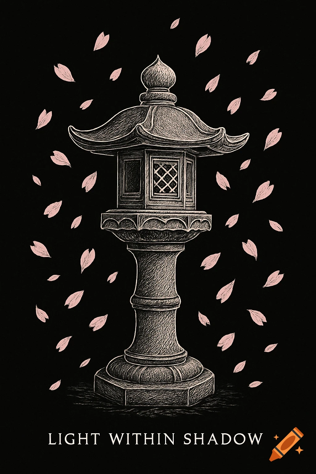 Line-art illustration of a Japanese stone lantern with falling pink sakura petals on a black background and text 'LIGHT WITHIN SHADOW'.