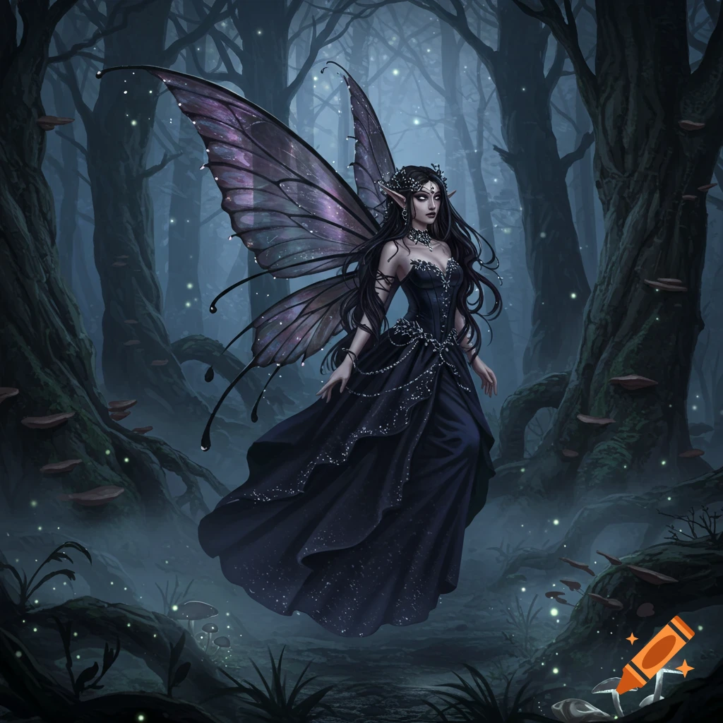 A gothic dark fairy with purple wings and a black dress floats in a mystical, dark forest with glowing mushrooms and lights.