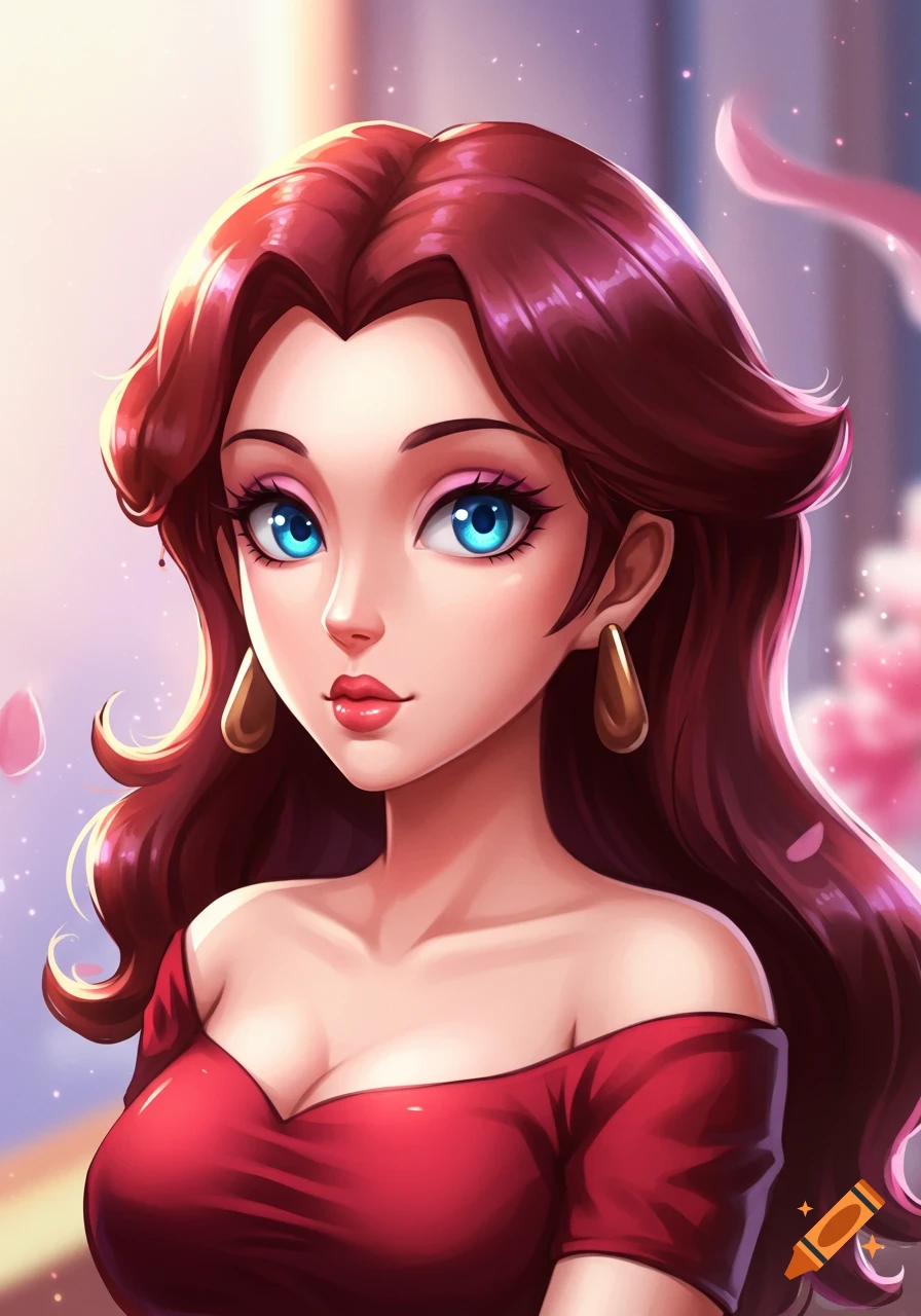 Pretty anime girl with long red hair and blue eyes, wearing a red off-shoulder dress, against a soft, glowing background.