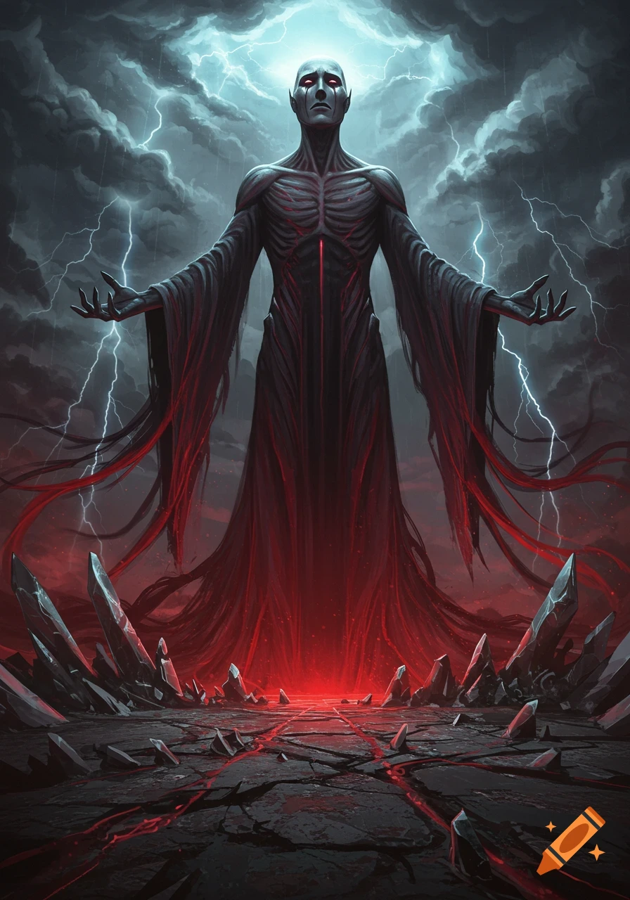 A gaunt, pale, god-like figure with red eyes stands in a desolate landscape with red fissures and sharp rocks under a stormy, lightning-filled sky.