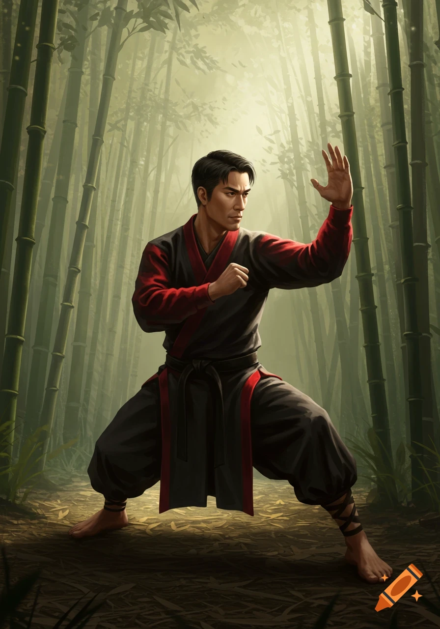 A male martial artist in a black and red uniform strikes a pose in a misty bamboo forest.