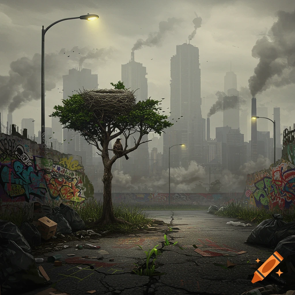A stark image of a single green tree with a bird and a nest in a desolate, polluted urban landscape, flanked by graffiti-covered walls.