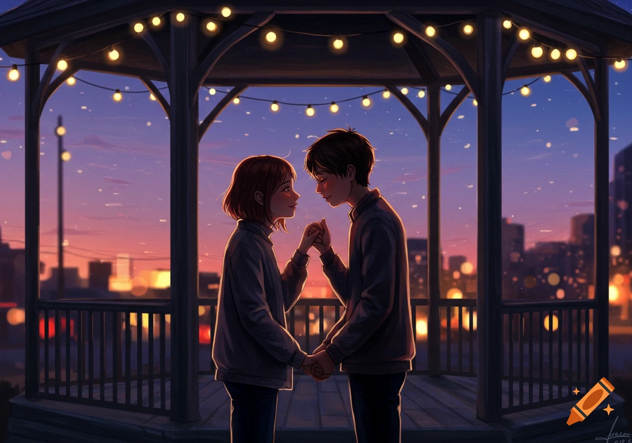 An anime illustration of a young couple holding hands under a lighted gazebo at sunset with a city skyline.