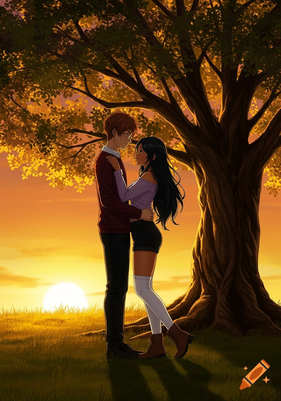 Anime couple embracing under a tree at sunset. A man in a burgundy sweater and a woman in a purple off-shoulder top look lovingly at each other.