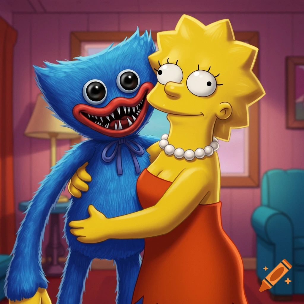 Cartoon Lisa Simpson in a red dress hugging blue furry monster Huggy Wuggy in a living room.