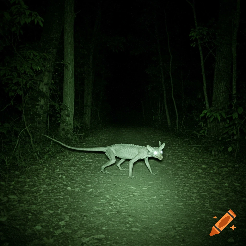 A strange, gaunt, light-skinned creature with glowing eyes walks on a dark, leafy forest path at night, seen through a green night-vision lens.