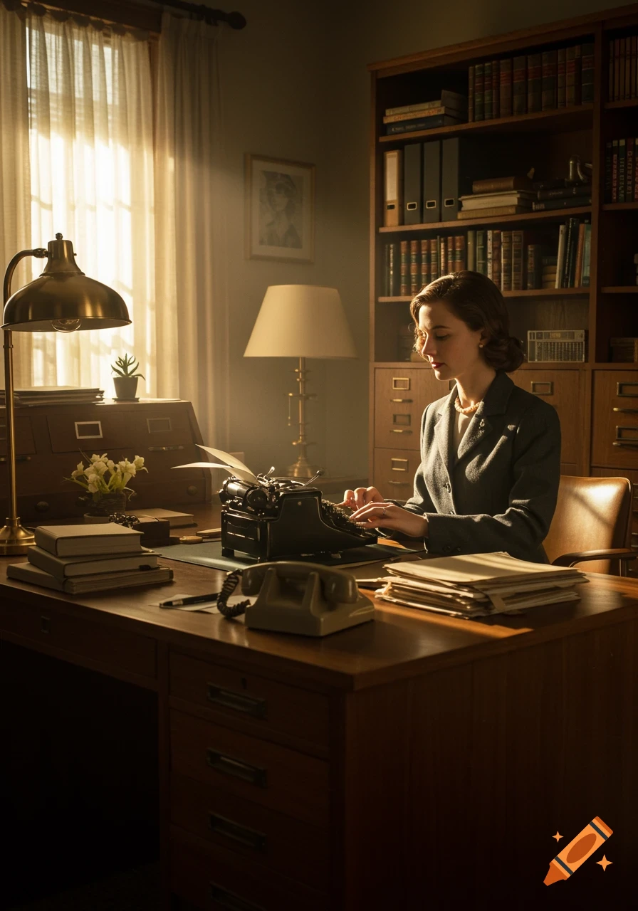 A woman in a grey suit sits at a wooden desk, typing on a vintage typewriter in a warmly lit office with bookshelves.