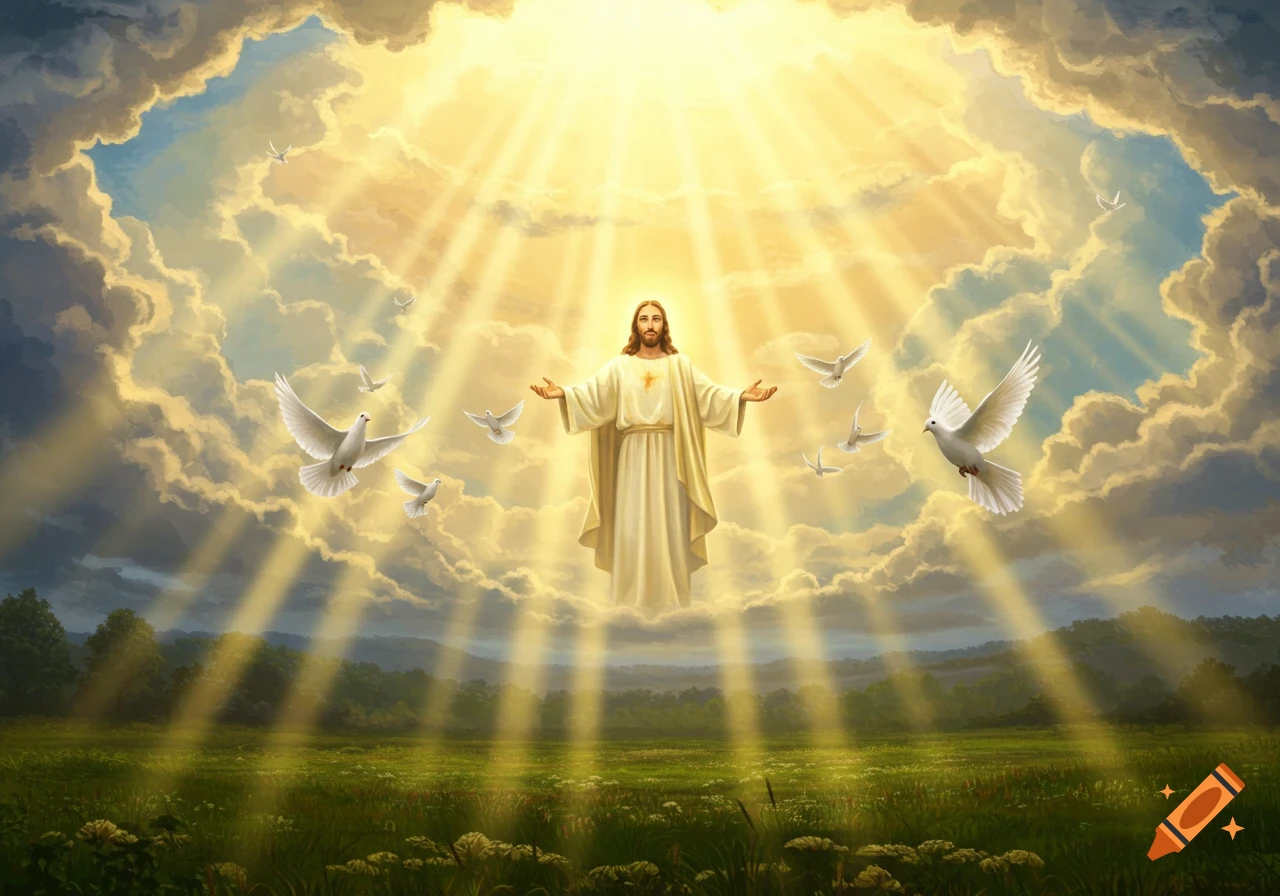 Jesus in white robes floats in a radiant sky with clouds and doves, light rays illuminate a green field below.