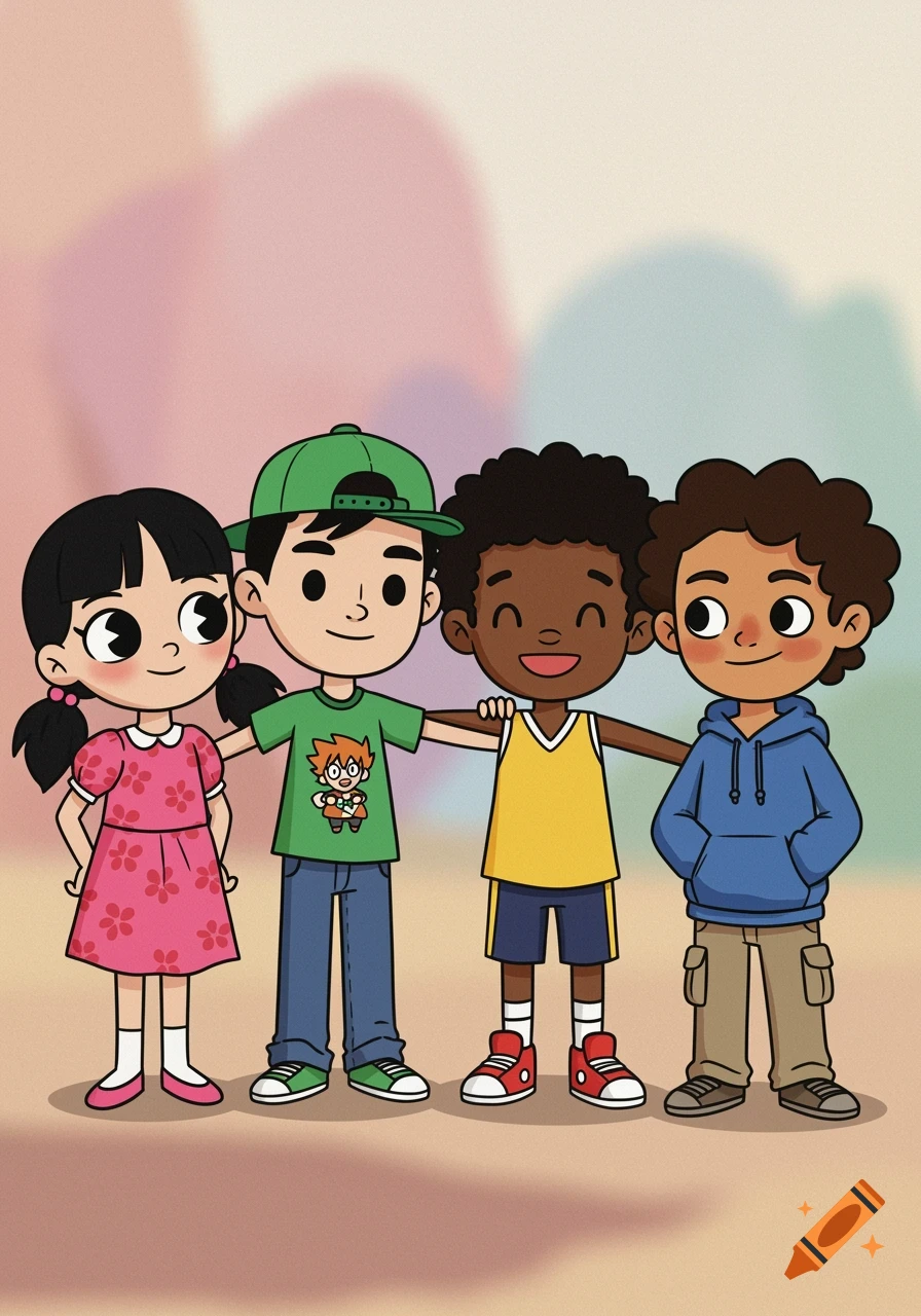 Four diverse cartoon children, a girl and three boys, stand smiling with arms around each other.