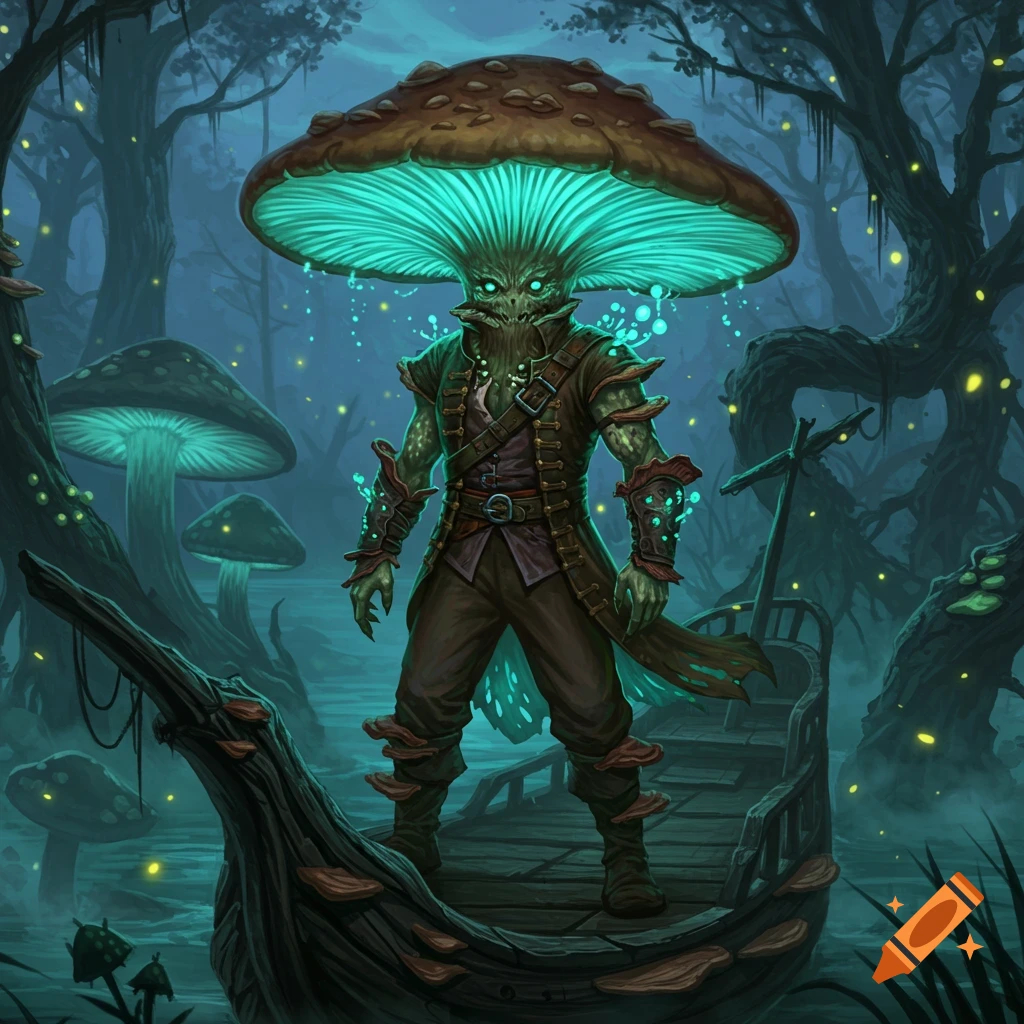 A glowing humanoid mushroom pirate stands on a broken boat in a bioluminescent swamp forest, in a fantasy art style.