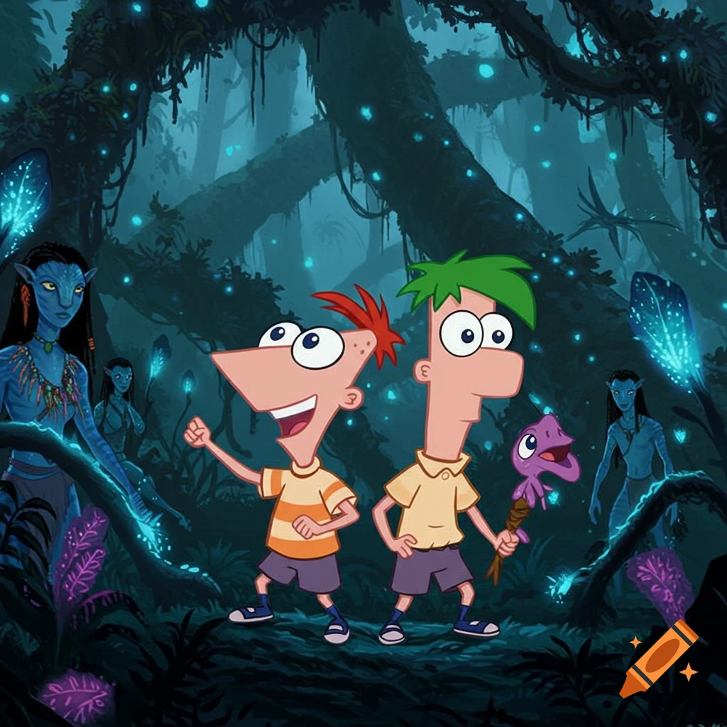 Phineas and Ferb explore a glowing alien jungle with Na'vi characters.