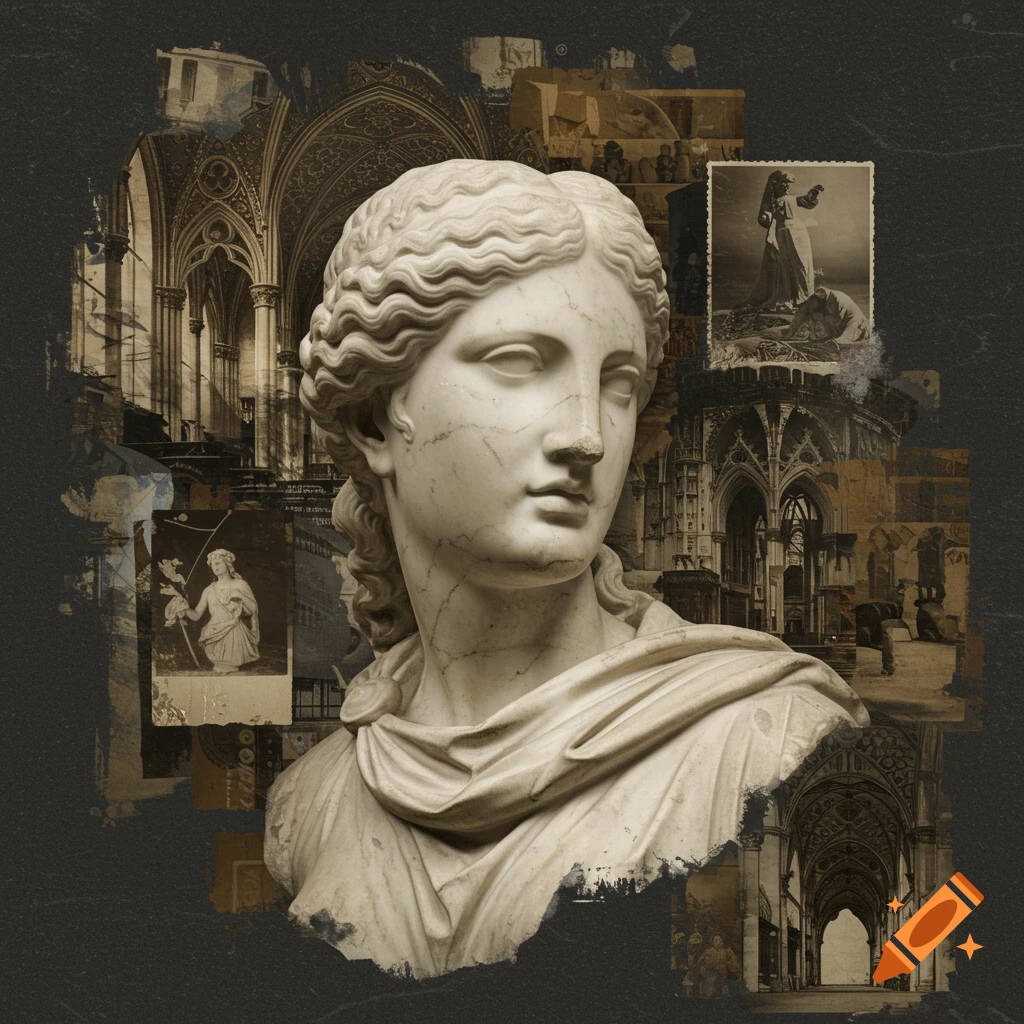 Classical marble bust collaged with vintage photos and gothic architecture on a dark, textured background.