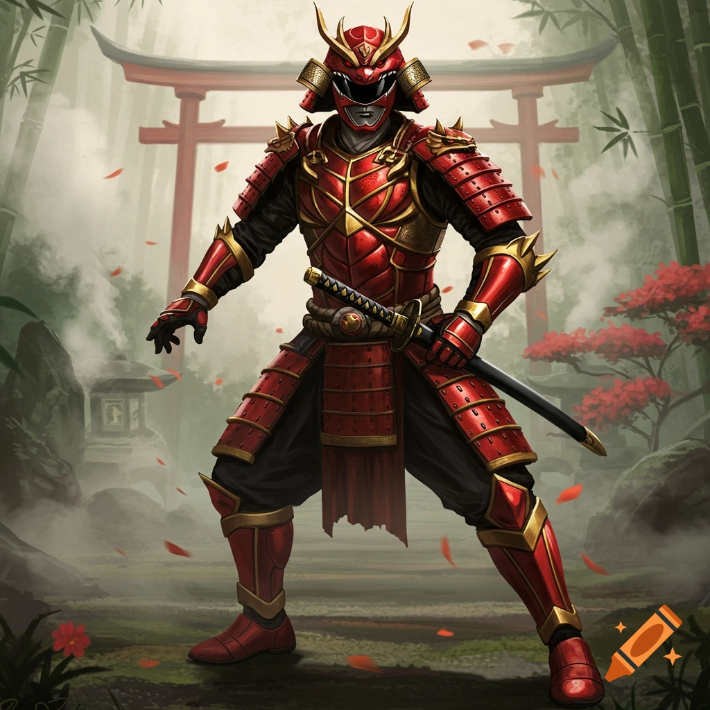 A Power Ranger-like warrior in red and gold dragon-themed samurai armor holds a katana, standing in a serene Japanese garden with a torii gate and bamboo.