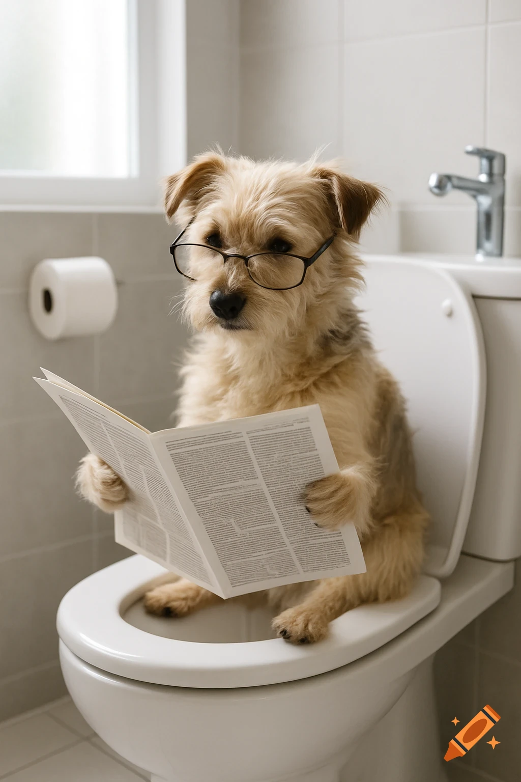 A fluffy dog wearing glasses sits on a toilet, reading a newspaper in a bright bathroom.