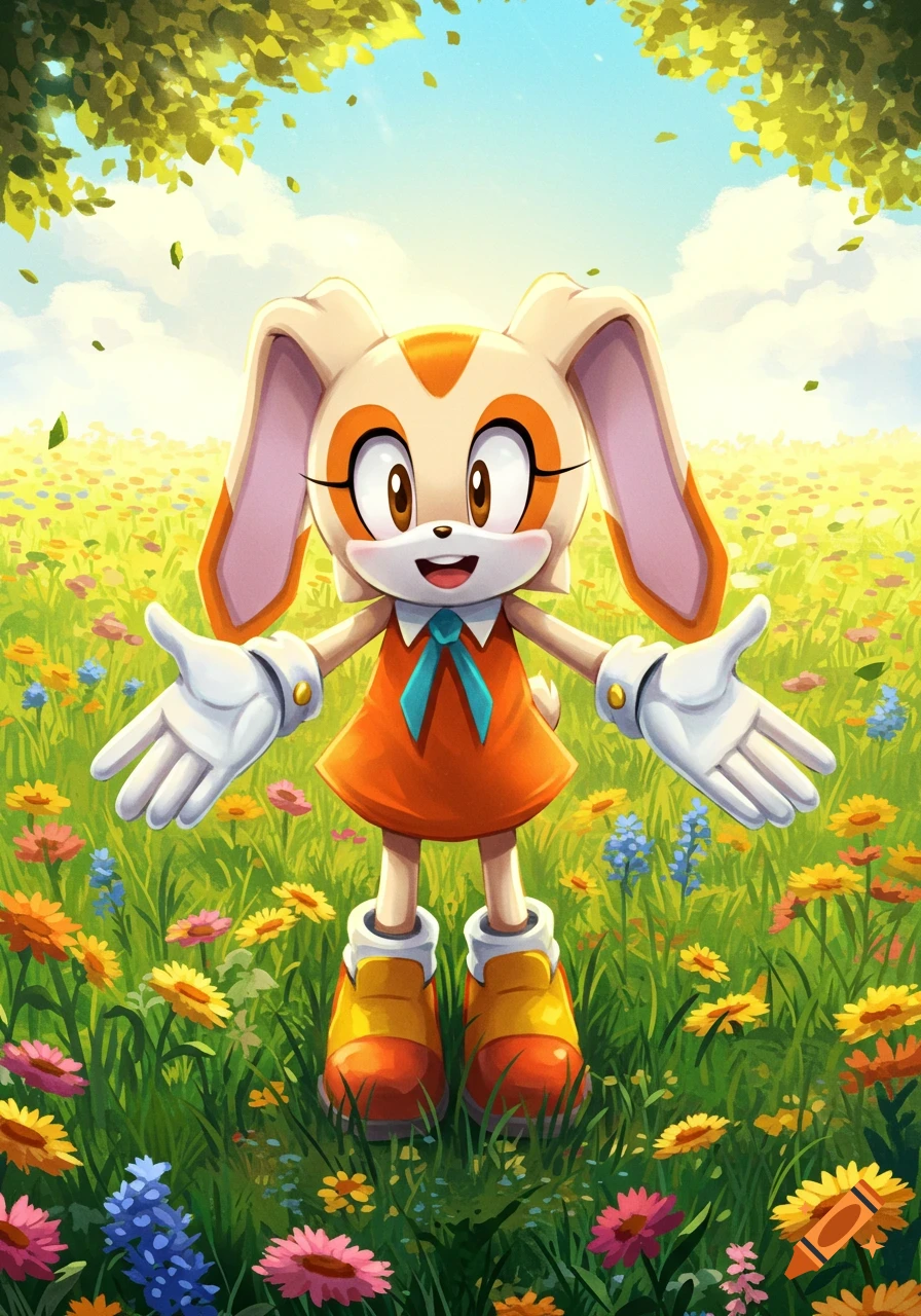 Cream the Rabbit, a smiling cartoon bunny, reaches out in a vibrant, sunny field of colorful flowers with leaves overhead.