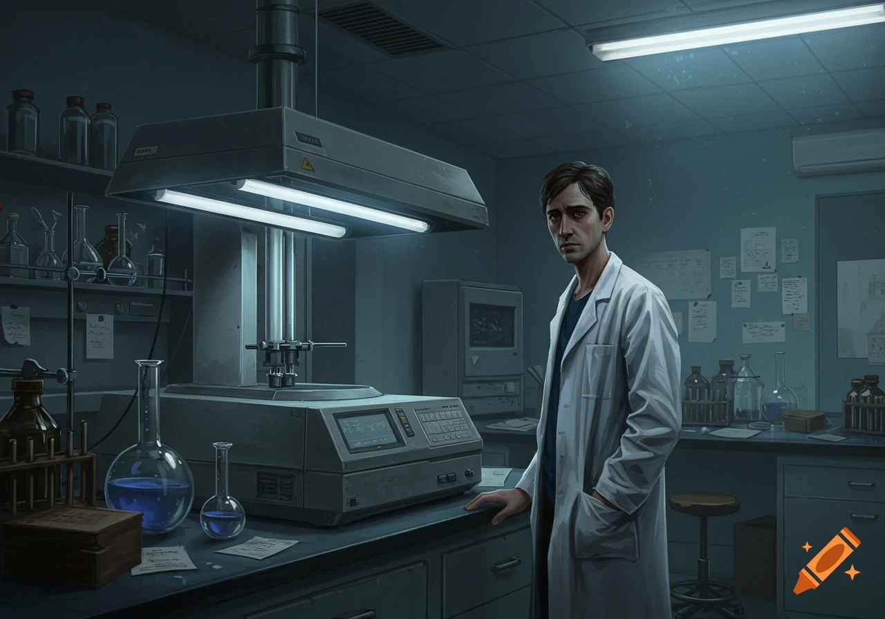 A sad lab technician in a white coat stands in a dimly lit science laboratory filled with equipment.