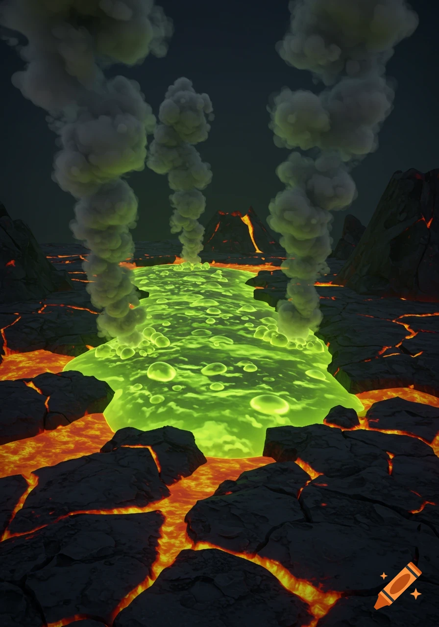 A vibrant cartoony landscape with a glowing green, bubbly river flowing through cracked, red-hot lava fields, with smoke rising and a distant volcano erupting.