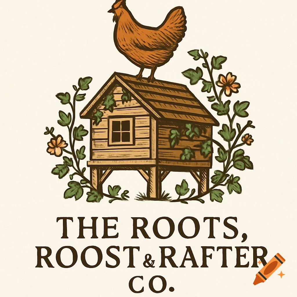 Rustic logo illustration of a brown chicken on a wooden coop, surrounded by vines and flowers, with 'THE ROOTS, ROOST & RAFTER CO.' text.