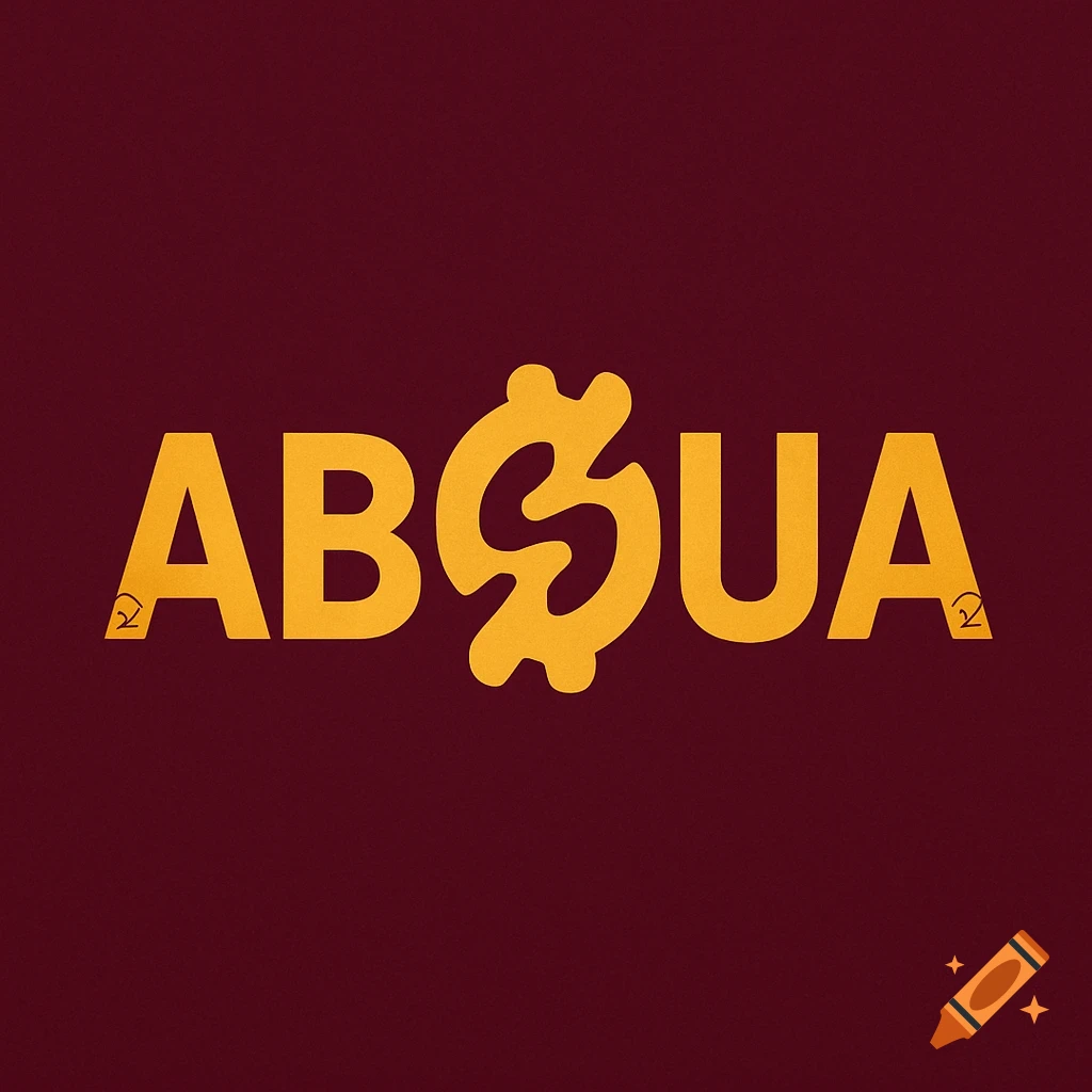 A bold, gold logo for 'ABUSUA' on a deep burgundy background with a stylized Gye Nyame symbol replacing the 'S'.