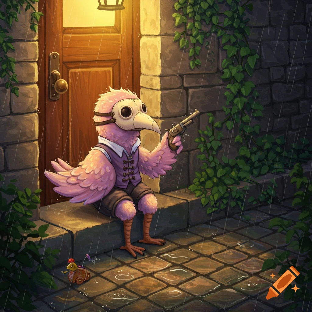 A pink bird-person with a plague mask and vest sits on a rainy doorstep, holding a toy pistol. An illustration.