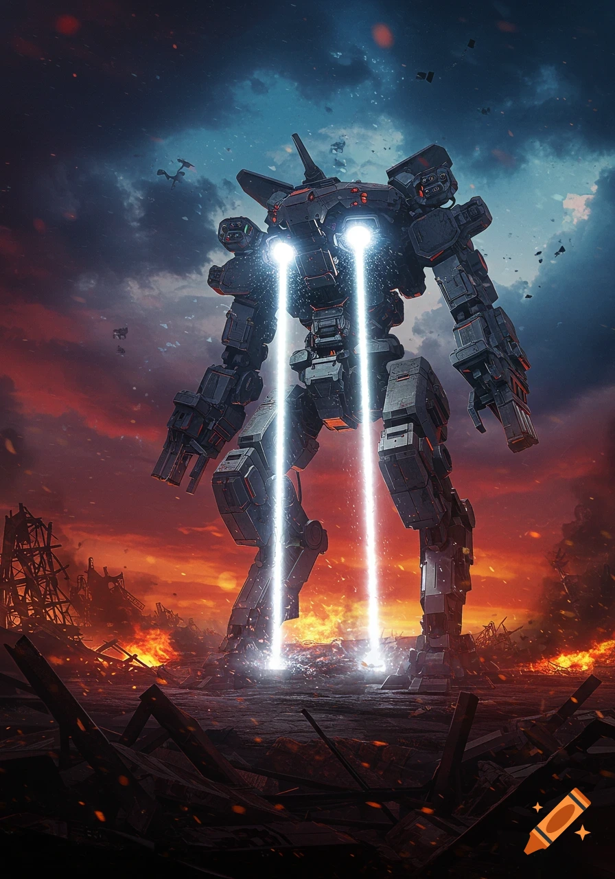 A giant dark war robot shoots bright light beams from its eyes, standing in a fiery, ruined city under a dramatic sky.