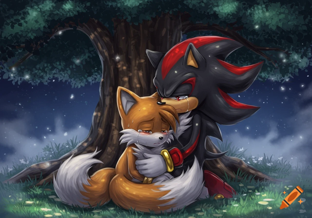 Tails the fox crying, being comforted by Shadow the Hedgehog hugging him under a tree at night.